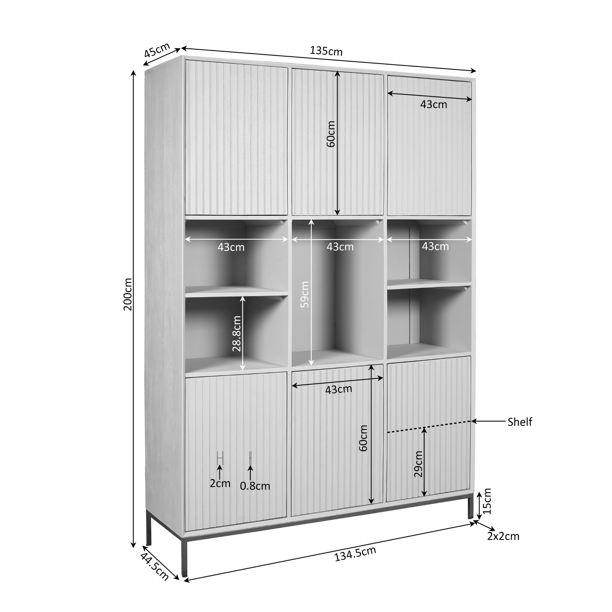 Regal Mandy Braun XL 135x45x200 cm – Massiver Mangoholz Schrank mit Lamellen, 6 Türen & 5 offene Fächer im braunen Finish & Metallrahmen