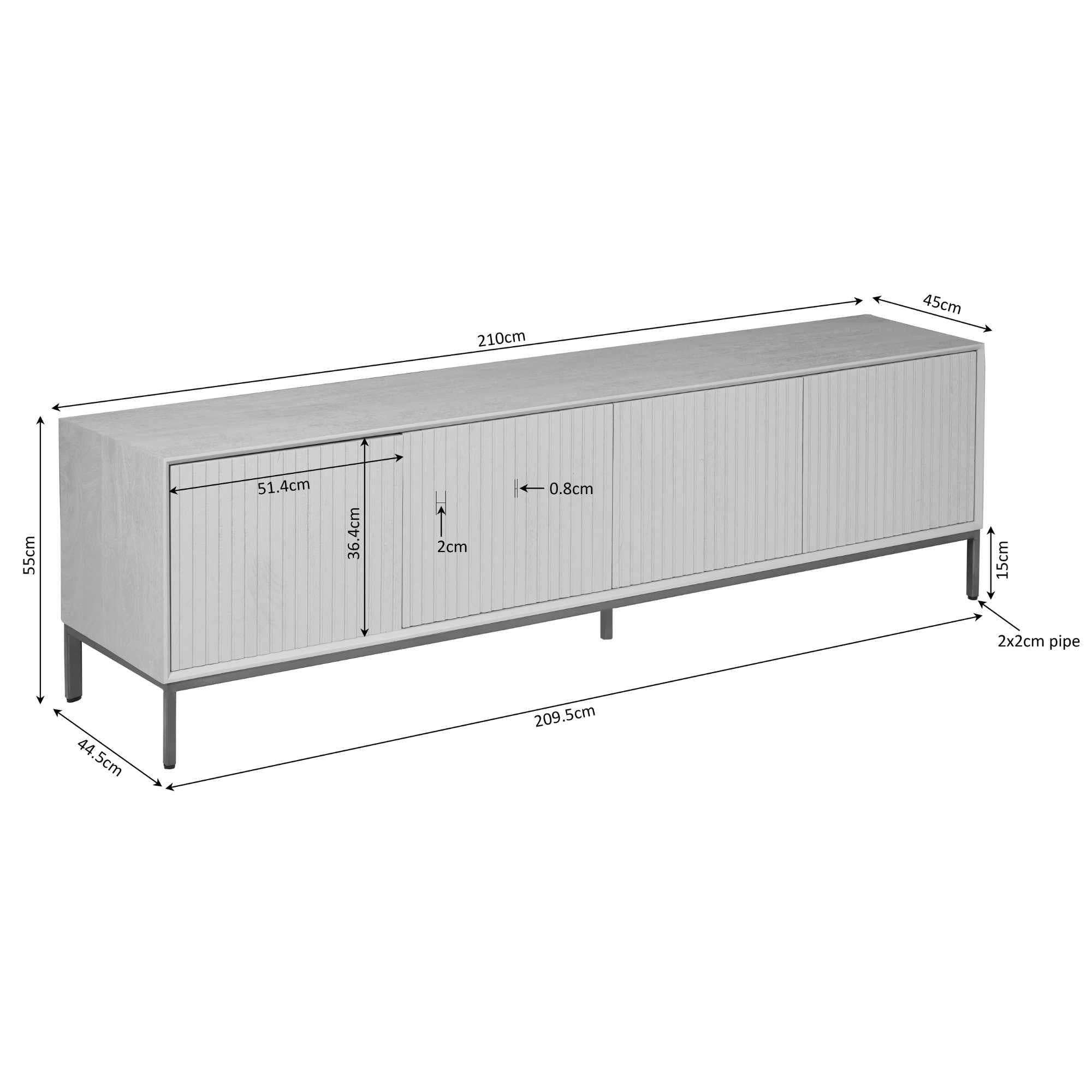 TV-Board Mandy Natur – Mangoholz mit Lamellenfront & Push-to-Open, 210 x 45 x 55 cm