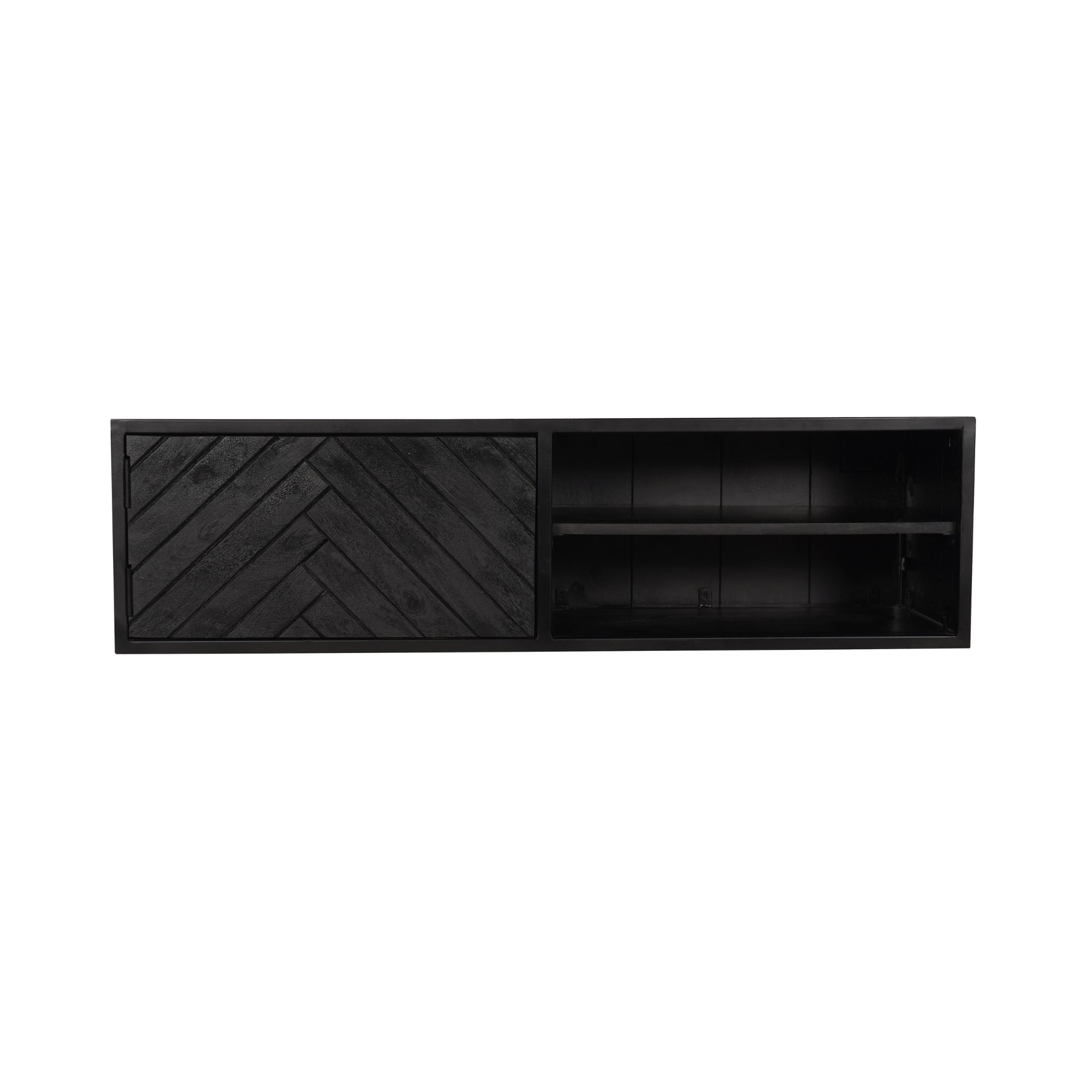 Schwebendes Lowboard Sydney aus Mangoholz in Schwarz – stilvolles TV-Board 120×33×35 cm mit Fischgrät-Front für modernes Wohnen