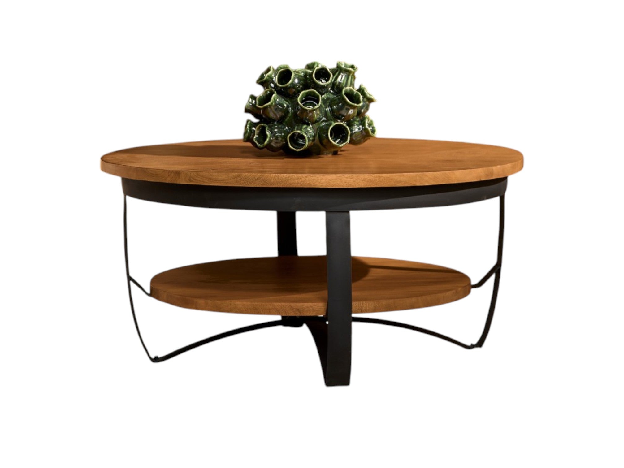 Runder Couchtisch Paris – Mangoholz mit schwarzem Metallgestell, 2 Ebenen, Ø90 x 43 cm