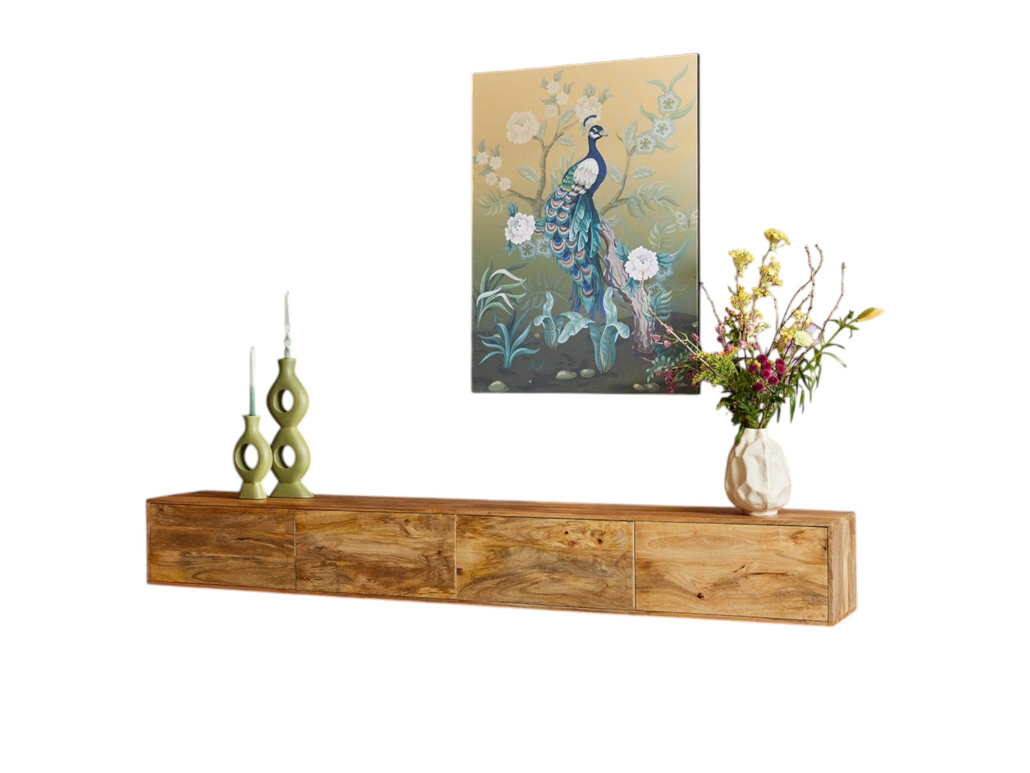 Schwebendes TV-Board Focus Natur – Mangoholz Lowboard 240×30×35 cm mit grifflosen Türen & Push-to-Open-System, Wandmontage